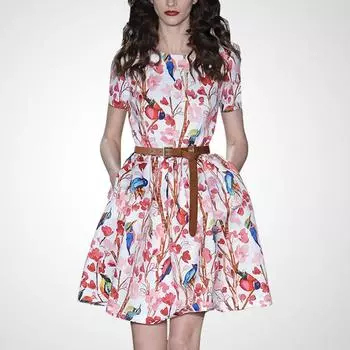 Niche New Style Slim-Fit Fashionable Printed Short-Sleeve Dress Powder Print S