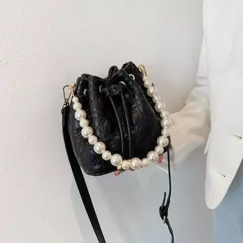 Niche pearl spring and summer bag women s new women s shoulder messenger bag embroidery thread bucket bag tide чёрный