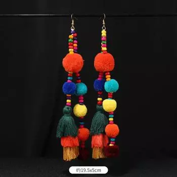 Niche personality color pom-pom earrings women s retro exaggerated bohemian vacation long fringed earrings