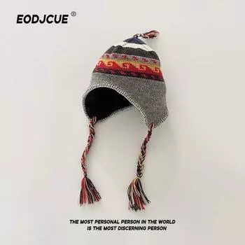 Niche Personality Retro Длинные ремешки ручной работы шапки для женщин осень и зима теплые показать лицо маленькие защитные шапки 56-58cm