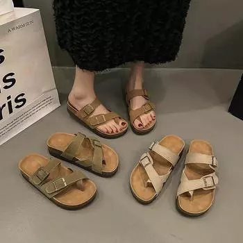 Niche platform slippers women s summer wear versatile casual 2024 spring and summer new belt buckle daily beach sandals 35 хаки