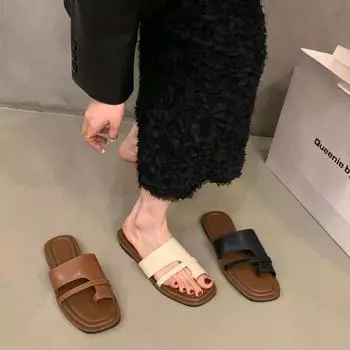 Niche плоские ретро закрытые носки классные тапочки женская обувь летняя одежда 2024 новые летние мягкие пляжные сандалии на подошве 35 чёрный
