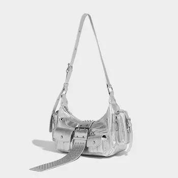 Niche Punk Spice Girl Универсальная заклепочная пряжка на ремне Портативная 2024 Модная сумка-локомотив через плечо подмышкой серебряный