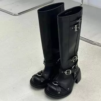Niche punk style belt buckle knight boots women s new big head comfortable thick heel spice girl long boots high boots 35
