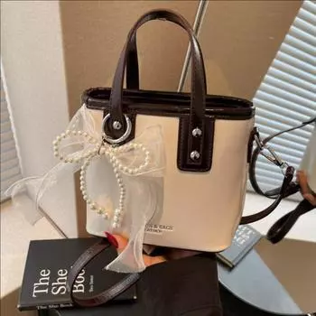 Niche Retro Stitching Hand-Held Bucket Bag, Women S Trendy Shoulder Bag, Foreign Style, Simple Crossbody Bag синий