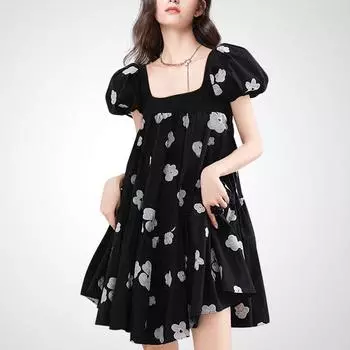 Niche Retro Summer Square Collar Print Dress Flower color XL