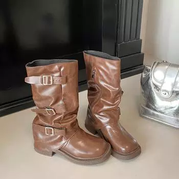 Niche retro thick heel 2025 new medium and high boots western cowboy stacking boots knight boots early autumn French women s boots 35