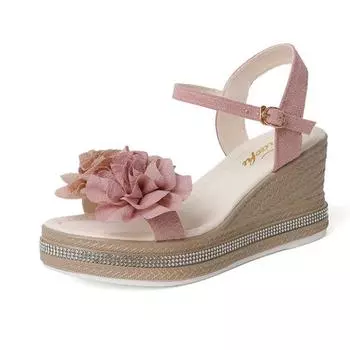 Niche sandals women s summer summer new with skirt one-word with wedge heel thick-soled heightening shoes 35 розовый