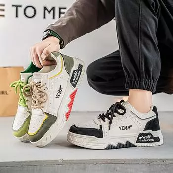 Niche sense campus student shoes men s four-season Korean version board shoes leather surface breathable casual sports bread shoes 39 зелёный