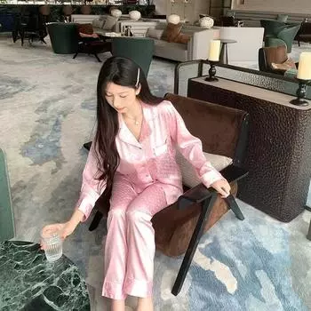 Пижамный комплект Niche Shirt Collar Ice Silk с длинными рукавами, элегантная и утягивающая домашняя одежда M розовый