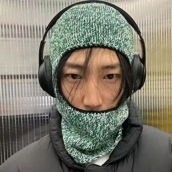 Niche смешанная пряжа вязаная шапка балаклава женская осенне-зимняя пуловер шарф интегрированная теплая шерстяная шапка прилив M56-58cm зелёный