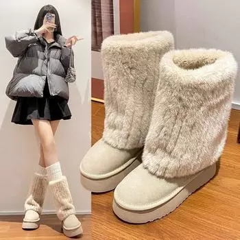 Niche Snow Boots Женские плюшевые милые кремовые короткие теплые меховые сапоги Зимние рукава с толстой подошвой для увеличения роста 35 бежевый