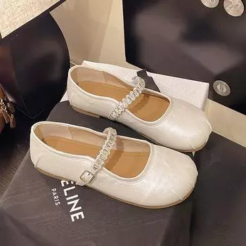 Niche soft sole with silver Mary Jane shoes women s summer flat heel women s round head rhinestone shoes 35
