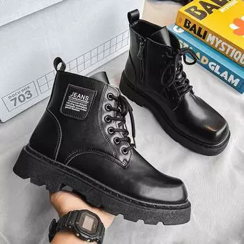 Niche square-toe martin boots autumn and winter fashion versatile platform soled biker shoes British style fashion cargo boots trendy men s shoes 39