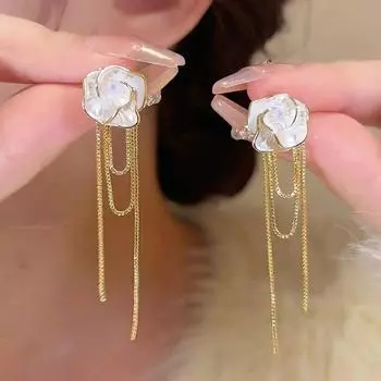 Niche Style Drip Glazed Tassel One Style for Dual-Wear White Camellia Gold Tassel Earrings Silver Pins