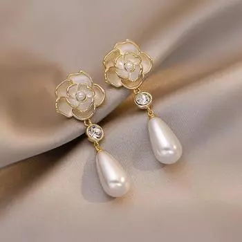 Niche Style Female Fancy Best Selling Unique Eardrops Flowers Camellia Water Drop Pearl
