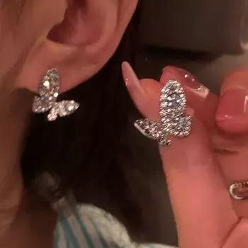 Niche Style Full Diamond Butterfly Socialite Cold Wind Female Stud Earrings Silver Full Diamond Butterfly Earrings