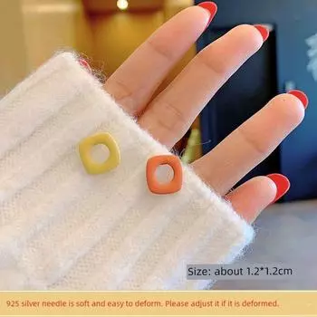Niche Style Geometric Square Stud Earrings Female Candy-Colored Silver Needle Cube Orange