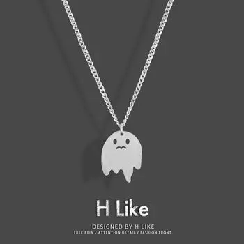 Niche Style Ghost Pendant Titanium Steel Street Sweatshirt Necklace Box chain 60cm +5cm ghost