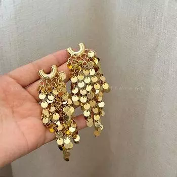Niche Style Heartbeat Tassel Female Elegant Metal Sequins Gold Sequin tassel earrings-Silver Needle