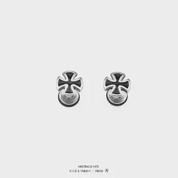 Niche Style Pdstyle Retro Cruciate Flower Stud Earring for Men Black pair