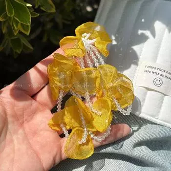 Niche Style Seaside Earrings Female Atmosphere Beaded Flowers Lemon yellow petals tassel earrings-Silver Needle