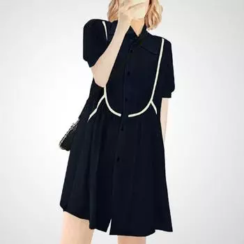 Niche Style Slimming Summer Dress Fashion Color Contrast Shirt Dress Navy blue (short sleeve) S