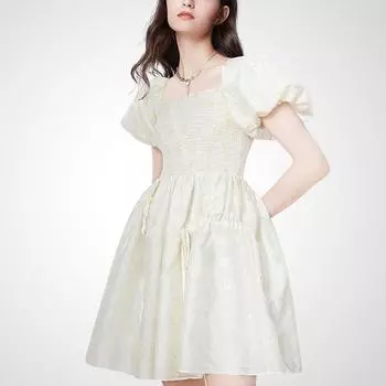Niche Style Sweet Puff Sleeves Puffy A- line Princess Dress White S