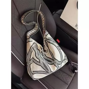 Niche Style Totem Print Canvas Bag 2025 New Arrival Large Capacity Totes Retro Underarm Bag Commuter Shoulder Bag FLAX
