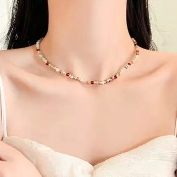 Niche Style Wht Same Style Female Color Clavicle Chain Pearl Dopamine Color Beaded Necklace