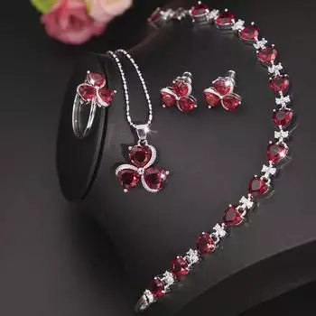 Niche Temperament Heart Zircon Stud Серьги Любовь Браслет Ожерелье Кольцо Комплект Ювелирных Изделий Женская Мода Комплект Из Четырех Предметов Size 6 ring four-piece set красный