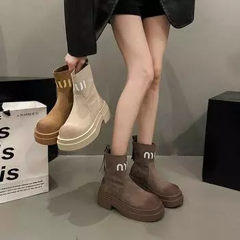 Niche Thin Letter Martin Boots Женские осенние ботинки Chelsea с толстой подошвой, увеличивающие высоту, в британском стиле 35 коричневый