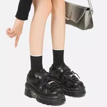 Niche Толстая подошва Туфли женские осень и зима металл панк стиль пикантные девушки сладкие крутые кексы туфли маленькие люди увеличивающие рост одинарные туфли 35 чёрный