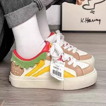 Niche trend burger little white shoes women s 2024 autumn new Korean version color matching thick baseplate shoes versatile casual bread shoes 35 хаки