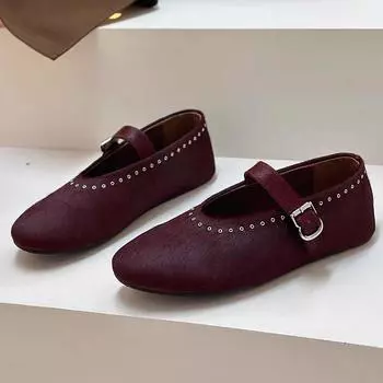 Niche Удобные балетки из конского волоса на плоской подошве с круглой головкой, кожаные туфли Мэри Джейн для танцев, женские туфли для мам 35 бордовый