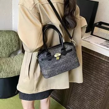 Niche versatile casual hand carry denim bucket bag women s new retro simple shoulder bag messenger bag чёрный