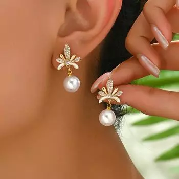 Niche Women s Earrings Versatile Premium Coconut Leaf Design Diamond String Pearl Stud Earrings Earrings