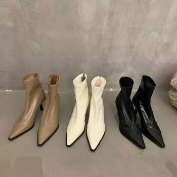 Niche высокие каблуки белые заостренные тонкие короткие сапоги женская обувь 2025 новые весенние и осенние одинарные сапоги маленькие голые сапоги 35 чёрный