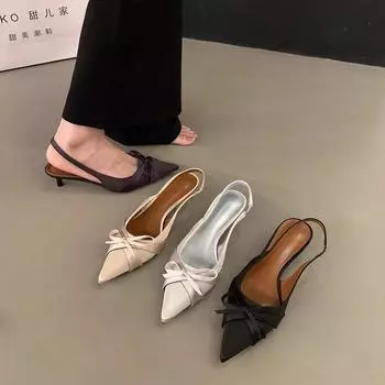 Niche высокие каблуки женские туфли новые большие размеры французский темперамент элегантный бант заостренный нос легкий рот шпилька босоножки 35 чёрный