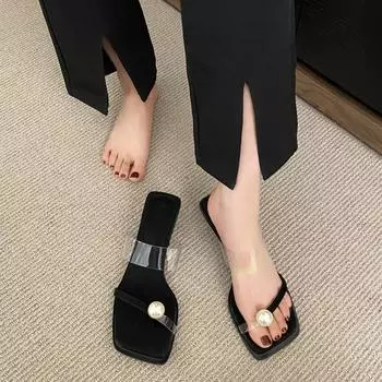 Niche жемчужные сандалии с прозрачным носком женские летние толстые каблуки сказочный ветер средний каблук слово с кошачьим каблуком классные тапочки женская верхняя одежда 35 белый