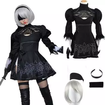 NieR Automata 2B Косплей с париком One Piece NieR Automata NieR Костюм Одежда для выступлений YoRHa 2 B Тип Маскировка Хэллоуин Костюм Событие Косплей чёрный