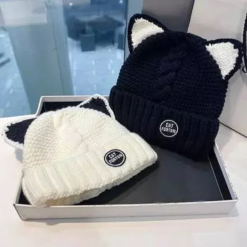 Nieuwe Vrouwen Hoed Winter Beanie Warm Cartoon Kat Oor Bescherming Gebreide Cap Hoeden Voor Meisjes Vrouwen Motorkap Femme 56-58CM белый