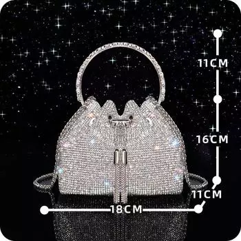 Night Dinner Tassel Rhinestone Bag Female 2024 New Arrival Tide Fancy Silver Crossbody Small Bucket Inlaid with Diamond Bag Silver (length 17 * width 11 * High 16)