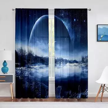 Ночное небо, луна, звезды и лес, озеро, прозрачные вуалевые шторы для спальни, гостиной, кухни, тюлевые шторы, шифоновые оконные шторы 1 PCS W100XH250cm&Rod Pocket