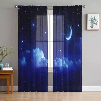 Night Sky Star Moon Sheer Curtains for Living Room Decoration Window Curtains for Kitchen Tulle Voile Organza Curtains W135 x H115cm x1