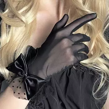 Night Teaching Room Lolita Gloves Black Lace Polka Dot Lace Bows Short French Hepburn Style Dress Black One size
