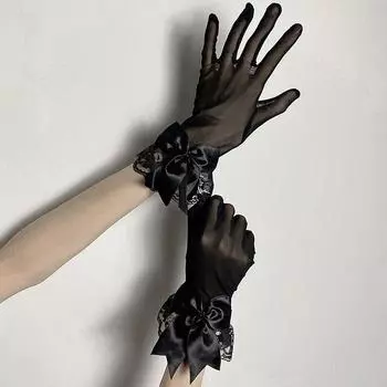 Night Teaching Room Lolita Gloves Lace Lace Bows Hepburn Style Etiquette Black French Retro Dress Black One size