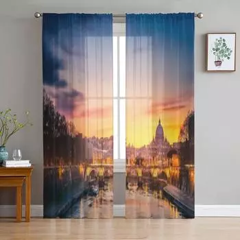 Night View At St Peter Cathedral Rome Chiffon Sheer Curtains for Living Room Bedroom Window Curtain Voiles Tulle Cortinas 135W x 114H(cm)