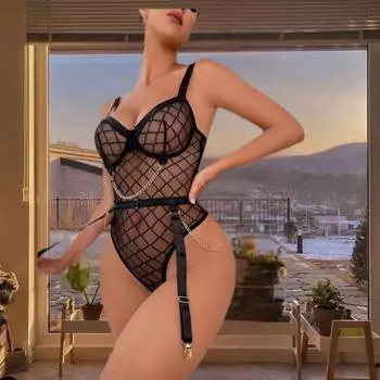Ночной клуб вечеринка сложная ручная работа сексуальный сетчатый комбинезон с цепочками сексуальное нижнее белье S