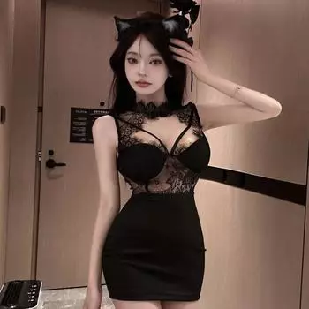 Nightclub Sexy Sexy Wind Patchwork Lace Dress Cut Out Fashion Silm Slimming Sheath Short Black Dress Fashion Black S